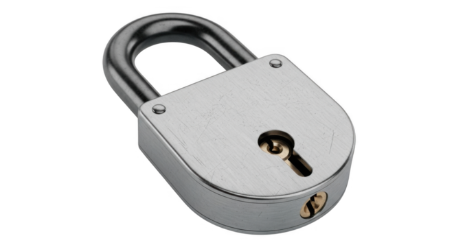 A sturdy silver padlock with a classic design and secure locking mechanism for safeguarding belongings and ensuring peace of mind