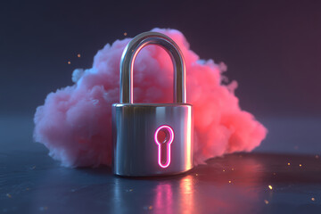 A metallic padlock with a glowing keyhole symbol stands in front of a pink cloud, symbolizing secure cloud storage or data protection in a futuristic digital environment