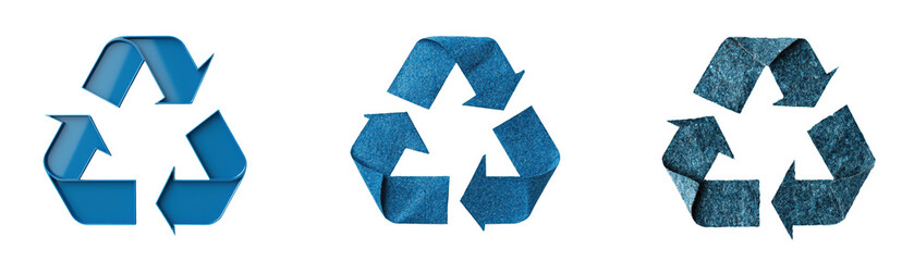 Recycling symbols in blue and textured styles represent sustainability and eco friendly practices
