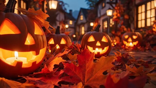 Illuminated halloween pumpkins and autumn leaves with festive background