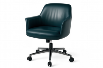 Teal office chair with metal base and wheels, isolated on transparent background, perfect for interior design projects
