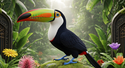 Obraz premium A colorful, large-beaked toucan stands on a mossy rock in the middle of a tropical forest. Surrounded by yellow, red, purple, and orange flowers, it adds to the natural beauty.