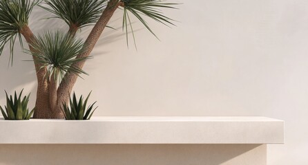 Minimalist Display Podium with Yucca Plant on Beige Background.