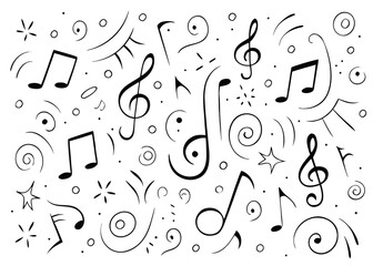 Charming hand drawn musical notation doodle collection featuring various symbols and artistic flourishes for creative projects