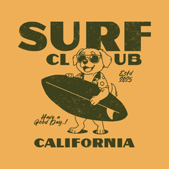 Hand-drawn illustration of a dog surfing on ocean waves. Perfect for t-shirts, stickers, posters, and digital products for dog lovers, beach enthusiasts, and summer-themed projects