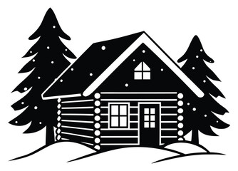 Fototapeta premium Log Cabin in Winter Forest with Snow Covered Trees and Roof