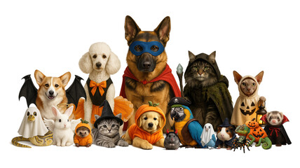 Veterinary Advertisement with Group of Domestic Animals in Halloween, joyful costumed pets including dogs, cats, rabbits, and birds, festive white studio setup for emotional pet care campaigns