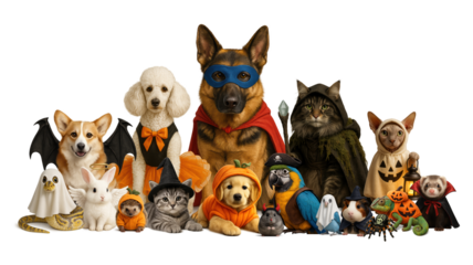 Veterinary Advertisement with Group of Domestic Animals in Halloween, joyful costumed pets including dogs, cats, rabbits, and birds, festive white studio setup for emotional pet care campaigns