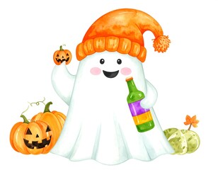 Fototapeta premium Cute ghost with pumpkins and a bottle