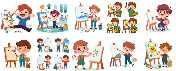 Happy boy painting on canvas