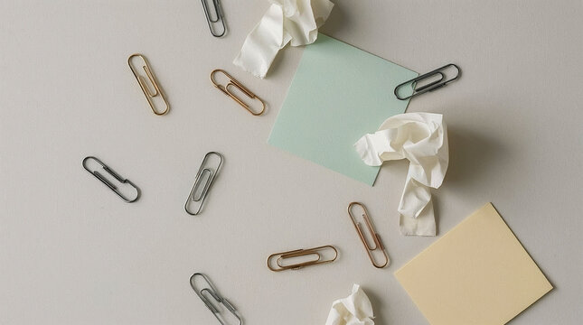 A scattered arrangement of paper clips, crumpled paper, and sticky notes on a light grey background, offering a minimalist and organized aesthetic. - Powered by Adobe