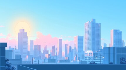 Fototapeta premium 107.Modern flat vector illustration of an urban city skyline, with towering buildings and sleek architecture, under a clear blue sky and gentle white clouds, with a glowing sun providing light to the