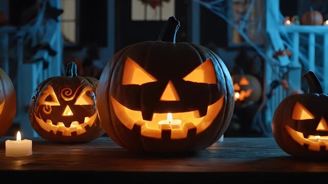Three carved pumpkins with glowing faces and candles on wooden table