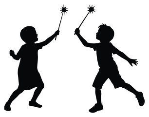 Silhouette of children playing with magic wands creating whimsical imagination and adventure