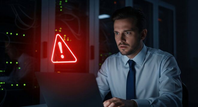 Man looking at laptop with error alert in server room