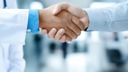 Two professionals shake hands, symbolizing a commitment to teamwork and mutual respect in a bright, modern healthcare environment. The setting conveys a spirit of cooperation.