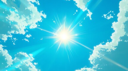 34.Serene scene showcasing an open, cloudless sky with intense blue tones, the sun radiating strong golden beams, creating a bright and inviting daytime atmosphere.