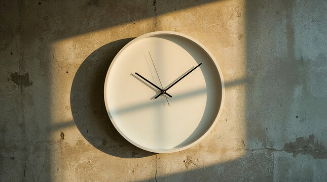 A minimalist white clock with black hands hangs on a textured concrete wall, bathed in warm, dramatic sunlight and shadow.