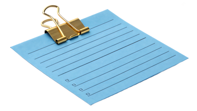 A blue lined note paper held by a gold binder clip is isolated on transparent background, perfect for office memos, school checklists, or business reminders