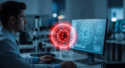 Scientist researching virus visualization on computer screen