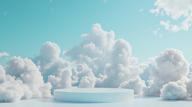 116.A sleek 3D render of a soft pastel blue sky with fluffy clouds, featuring a clean, minimalistic geometric podium set in the center, offering an ideal platform for product display with a
