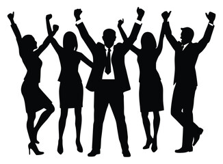 Fototapeta premium Silhouette of successful business team celebrating reaching goals with arms raised high
