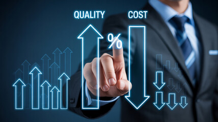 Businessman pointing at glowing quality up and cost down arrows with percentage sign finance
