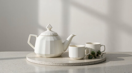 Fototapeta premium A modern, white ceramic teapot and two mugs are arranged on a speckled tray, casting soft shadows against a white wall. A sprig of greenery adds a touch of nature.