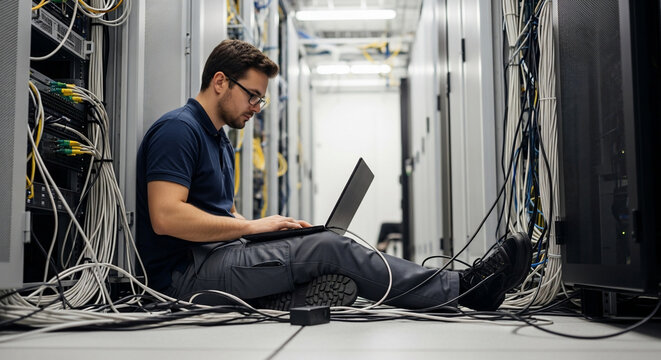 Man fixing server issues with laptop in data center - Powered by Adobe