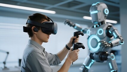 Man using virtual reality headset and controllers interacts with a humanoid robot