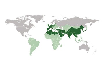 Fototapeta premium A world map with the Middle East region highlighted in green, indicating it is where the focus lies. 