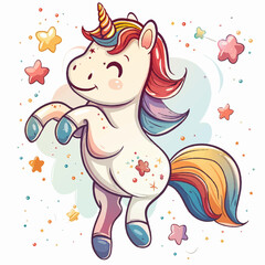 a beautiful bright unicorn flying over a rainbow. a children's poster with a horse, a cute print.