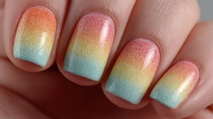 Close-up of a hand with pastel ombre nail polish