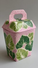 Pink takeout container with green leaf design