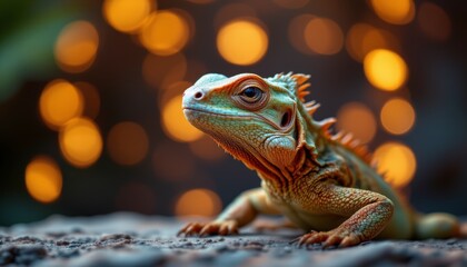 Fototapeta premium Iguana Portrait with Bokeh Lights