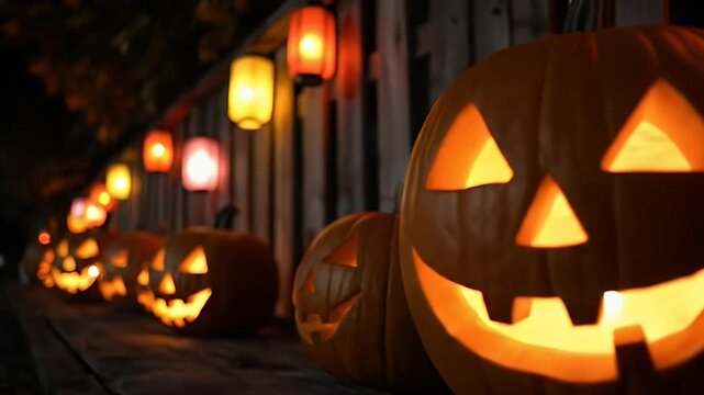 Halloween pumpkins carved with smiling faces and lit by candles at night