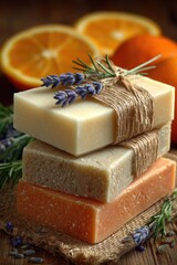 Stack of three artisan soaps, lavender, orange, burlap