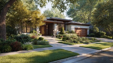 Fototapeta premium Modern Residential House with Stone Facade and Large Glass Windows at Dusk Surrounded by Lush Landscaping