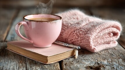 Cozy autumn scene steaming coffee in a pink mug, beside a journal and pink knitwear on rustic wood