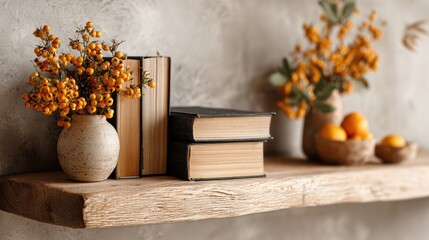 Rustic wooden shelf with books, vases, and autumnal decor
