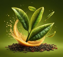 Vibrant tea leaves splashing in amber liquid