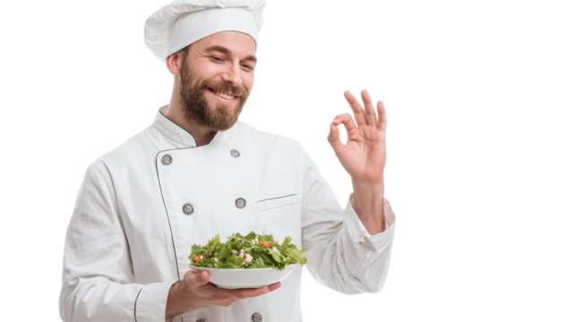 A cook with a surprised face in a burgundy uniform holds salad ingredients isolated on a white background