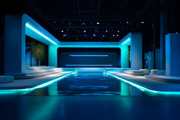 Modern empty stage with blue neon lighting and glowing futuristic atmosphere, ideal for events and shows.