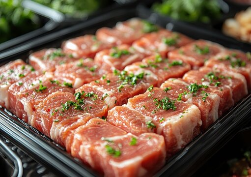 Freshly cut pork bacon strips in a transparent package, emphasizing their marbling and quality on a clean white surface.