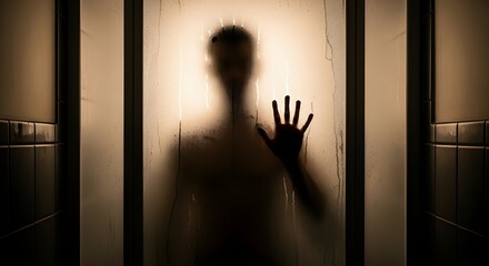 Silhouette Behind Frosted Glass Door - Spooky Figure, Horror Concept, Mystery Person, Eerie Shadow, Thriller Scene, Unsettling Atmosphere