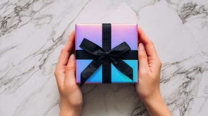 Hands holding square gift box with iridescent wrap and black ribbon