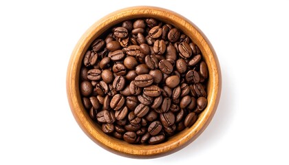 Fototapeta premium Roasted Coffee Beans in a Wooden Bowl Overhead View.