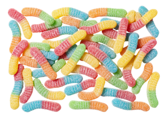 Colorful sour gummy worms, white background isolated