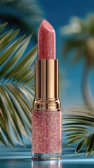 Glittery pink lipstick against tropical backdrop