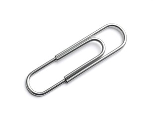 A metallic paperclip, isolated on white, displays a sleek, minimalist design